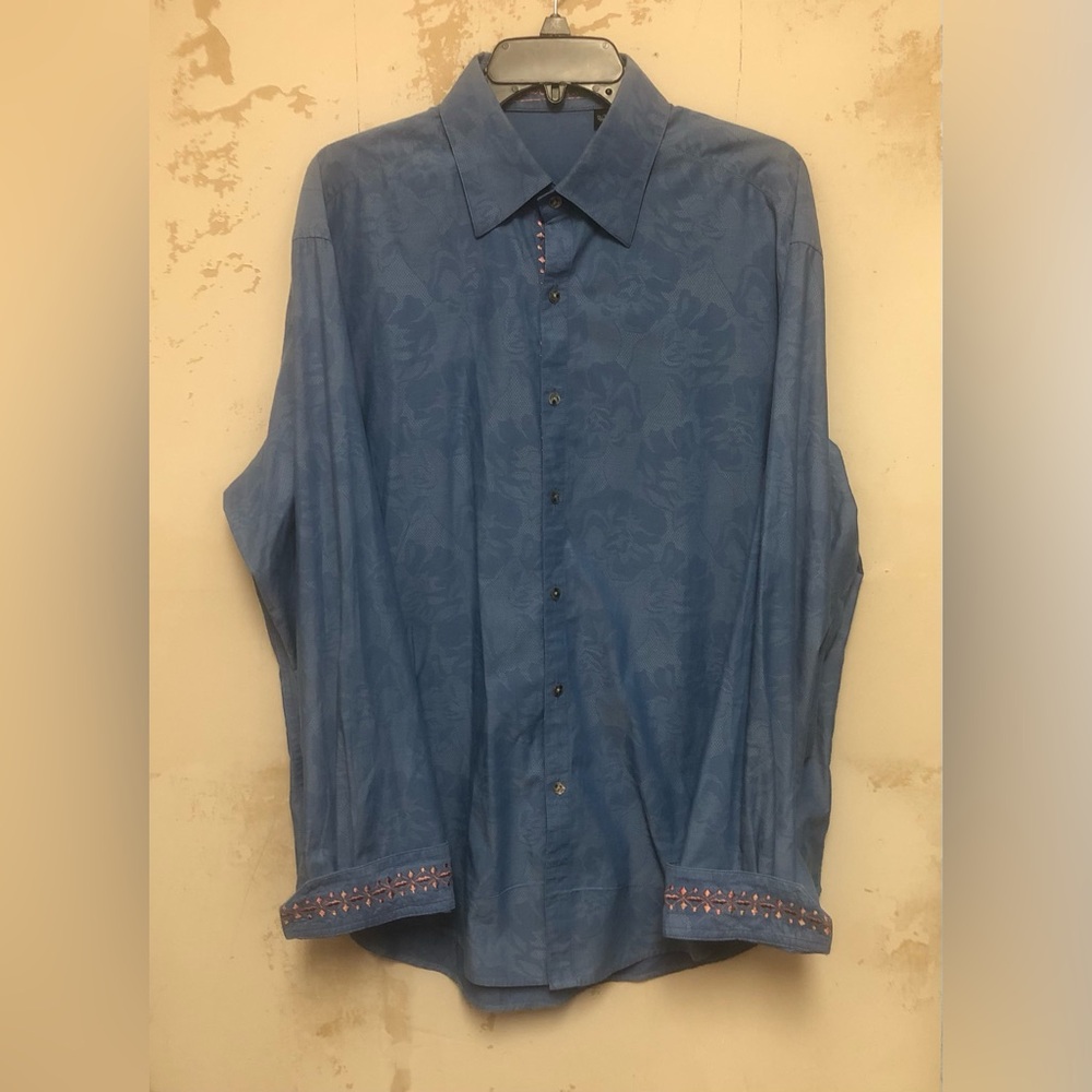 Robert Graham blue floral embossed multicolor thread accents shirt size XL